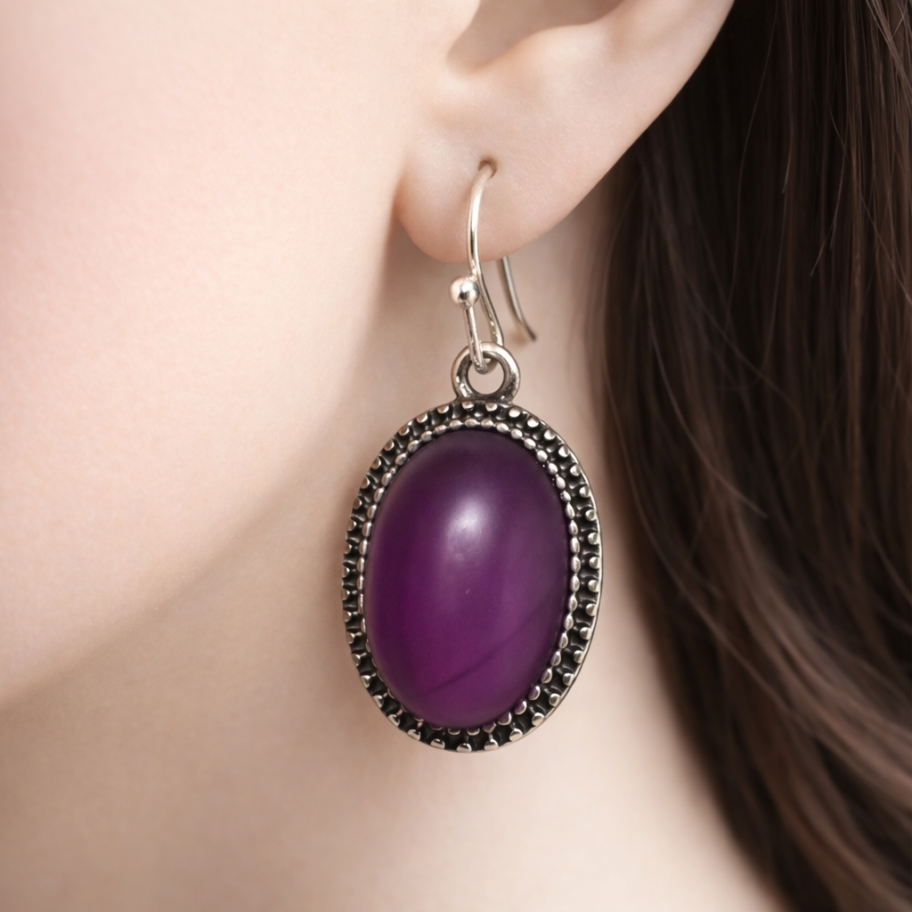 Women's Silver Tone Dainty Design Purple Stone Oval Fishhook Teardrop Earrings